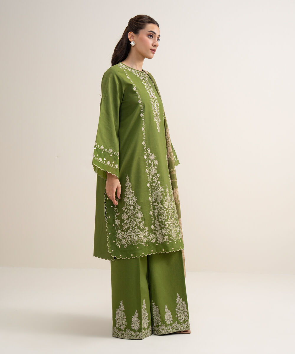 Women's Unstitched Slub Lawn Embroidered Parrot Green 3 Piece Suit