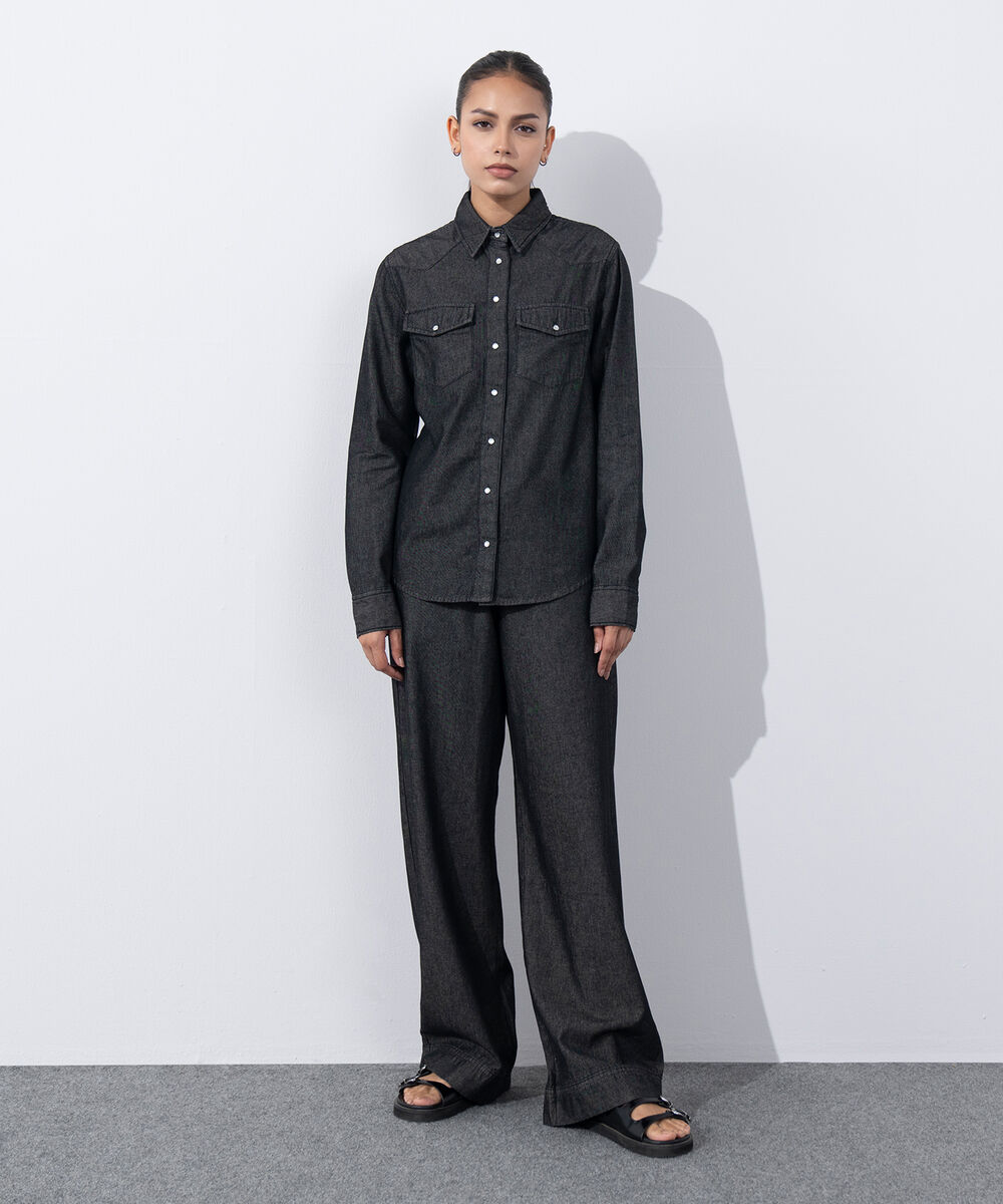 Women's Western Wear Grey Regular Fit Denim Shirt