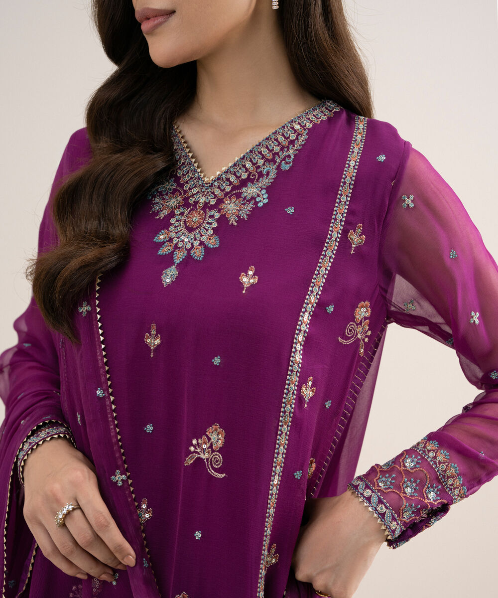 Women's Unstitched Embroidered Blended Chiffon Purple 3 Piece Suit