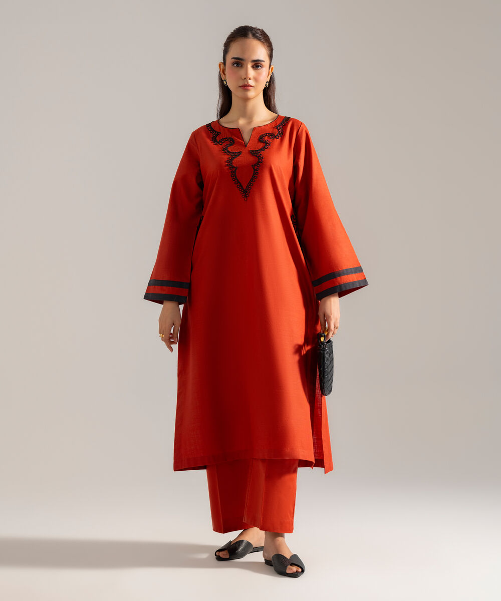Women's RTW Solid Embroidered Rust Cross Hatch 2 Piece Suit