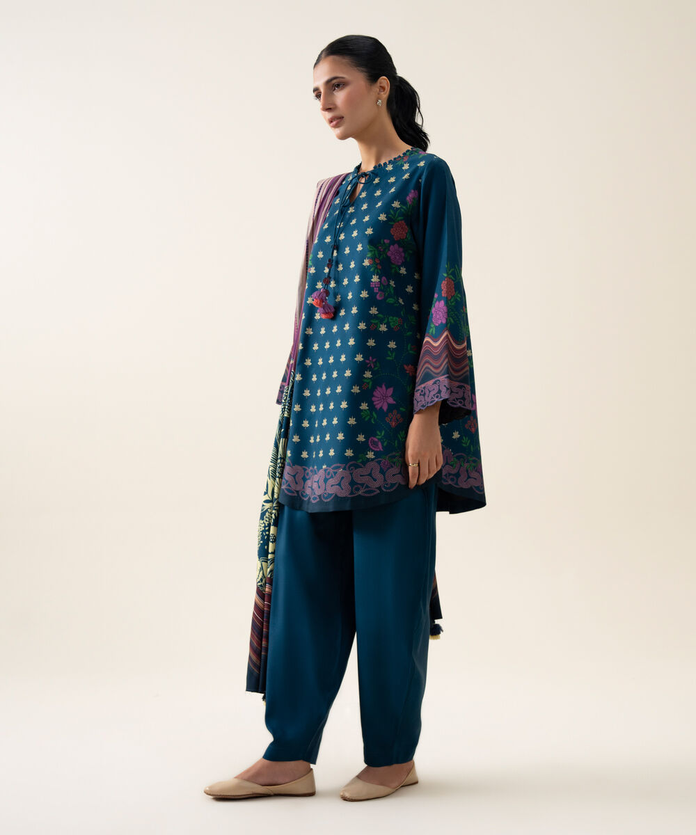 Womens Unstitched Viscose Linen Printed Dark Blue 3 Piece Suit