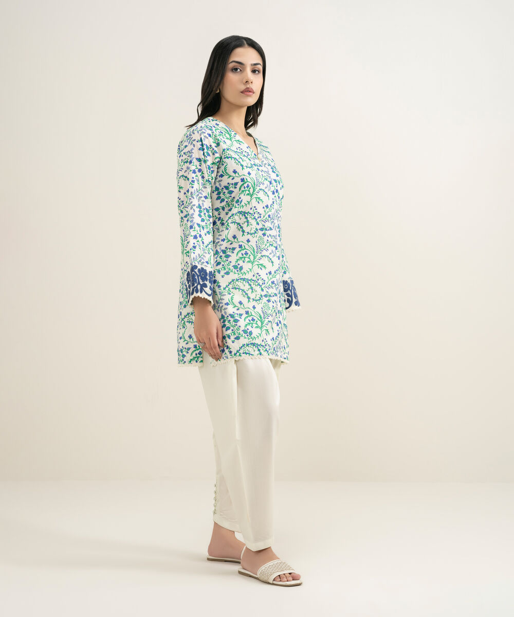 Women's RTW Slub Lawn Embroidered Blue Straight Shirt