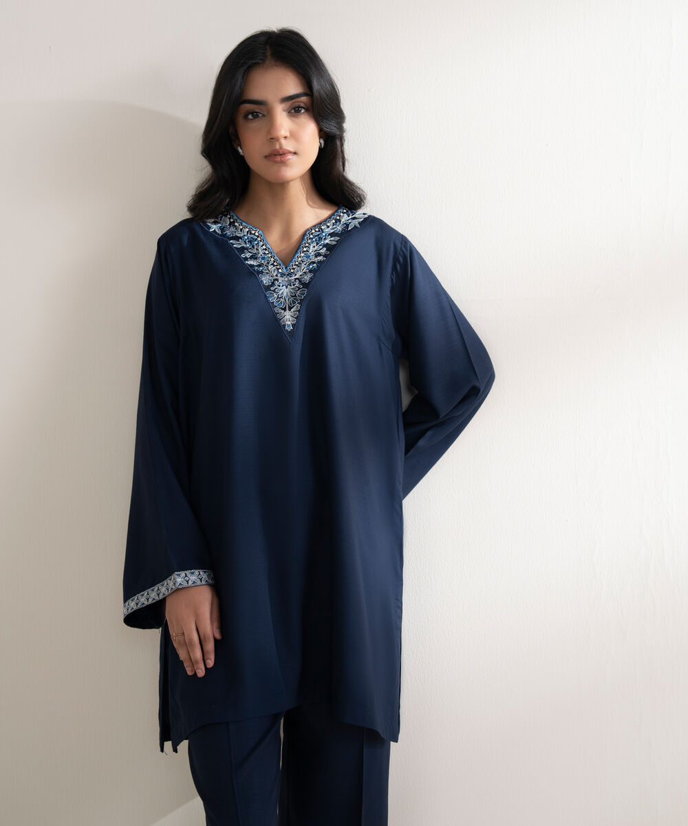 Women's RTW Arabic Khaddar Embroidered Navy Blue Straight Shirt