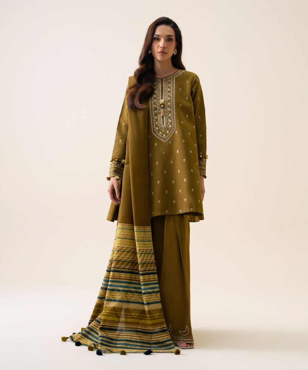 Women's Unstitched Light Khaddar Embroidered Mustard 3 Piece Suit