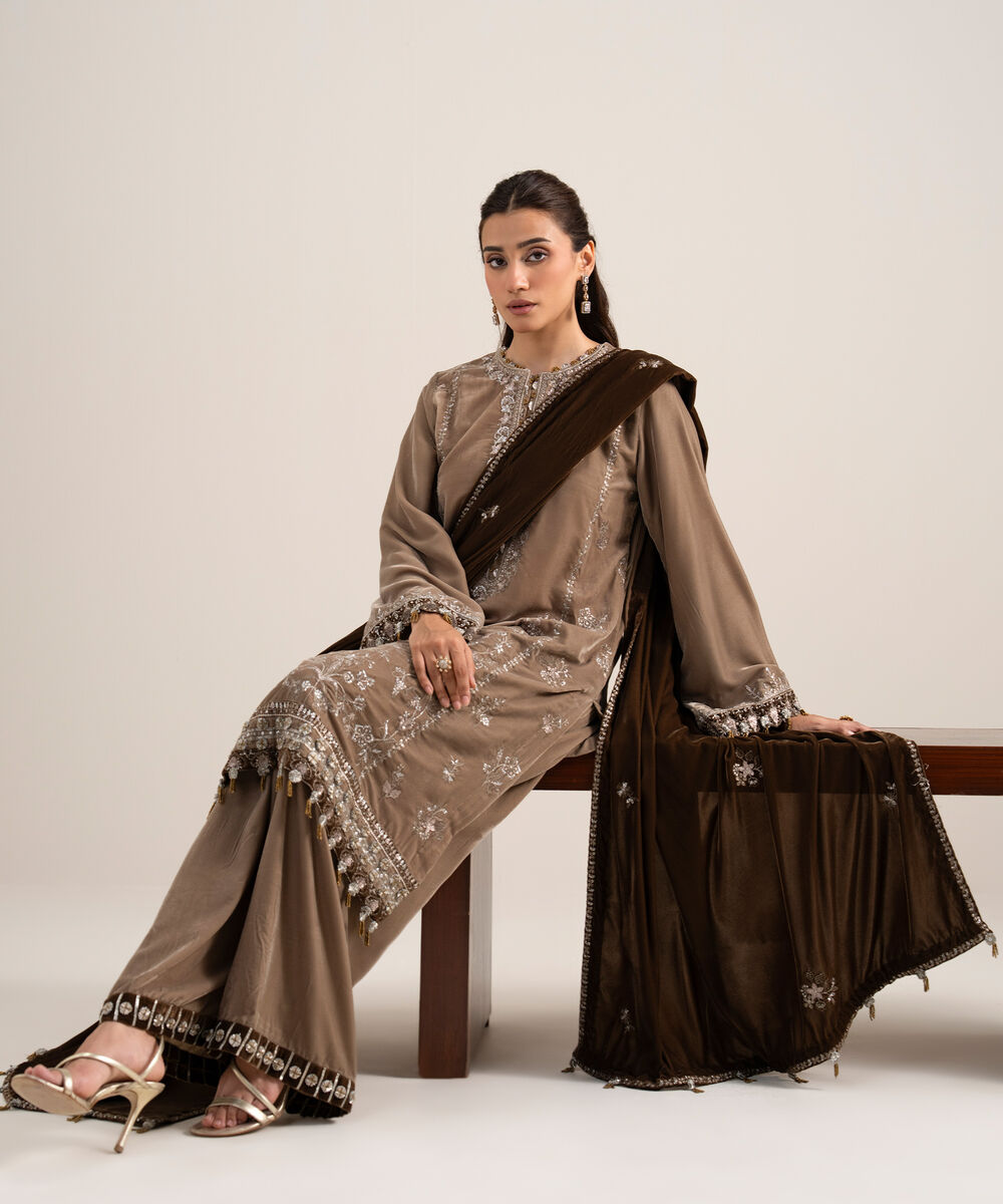 Women's Unstitched Embroidered Velvet Beige 3 Piece Suit