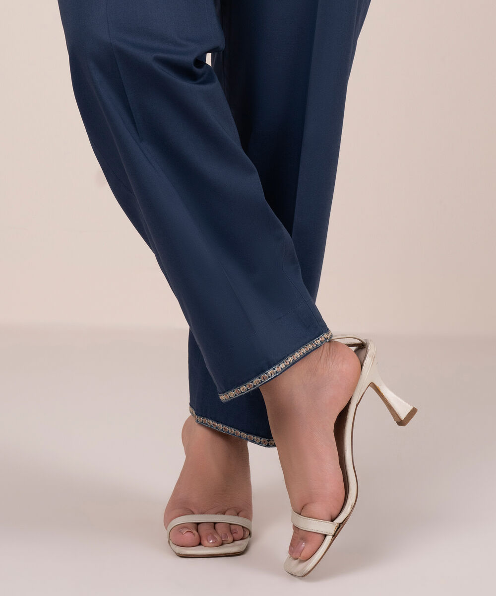 Women's RTW Cambric Solid Blue Straight Pants