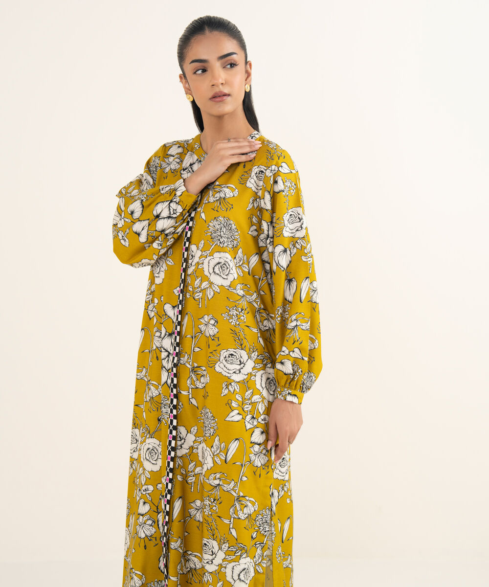 Women's RTW Herringbone Printed Mustard Front Open Jacket