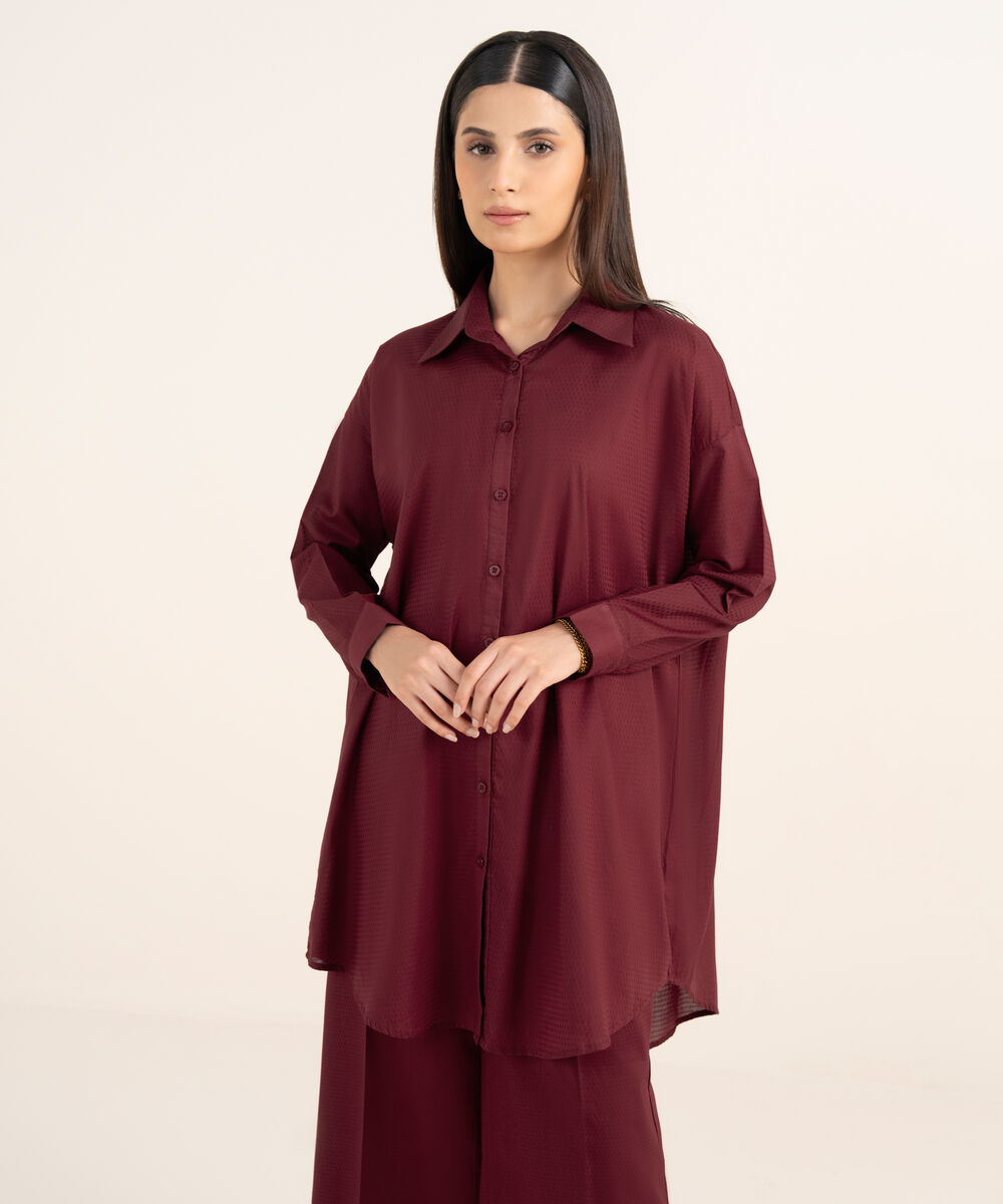 Women's RTW Textured Lawn Maroon Solid Button Down Shirt