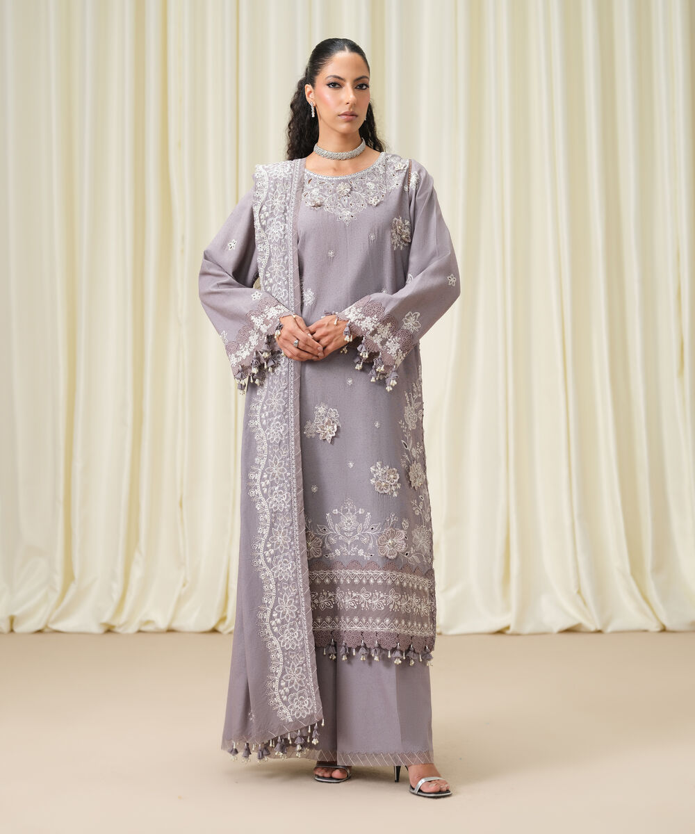 Women's Unstitched Embroidered Cotton Karandi Dusty Mauve 3 Piece Suit