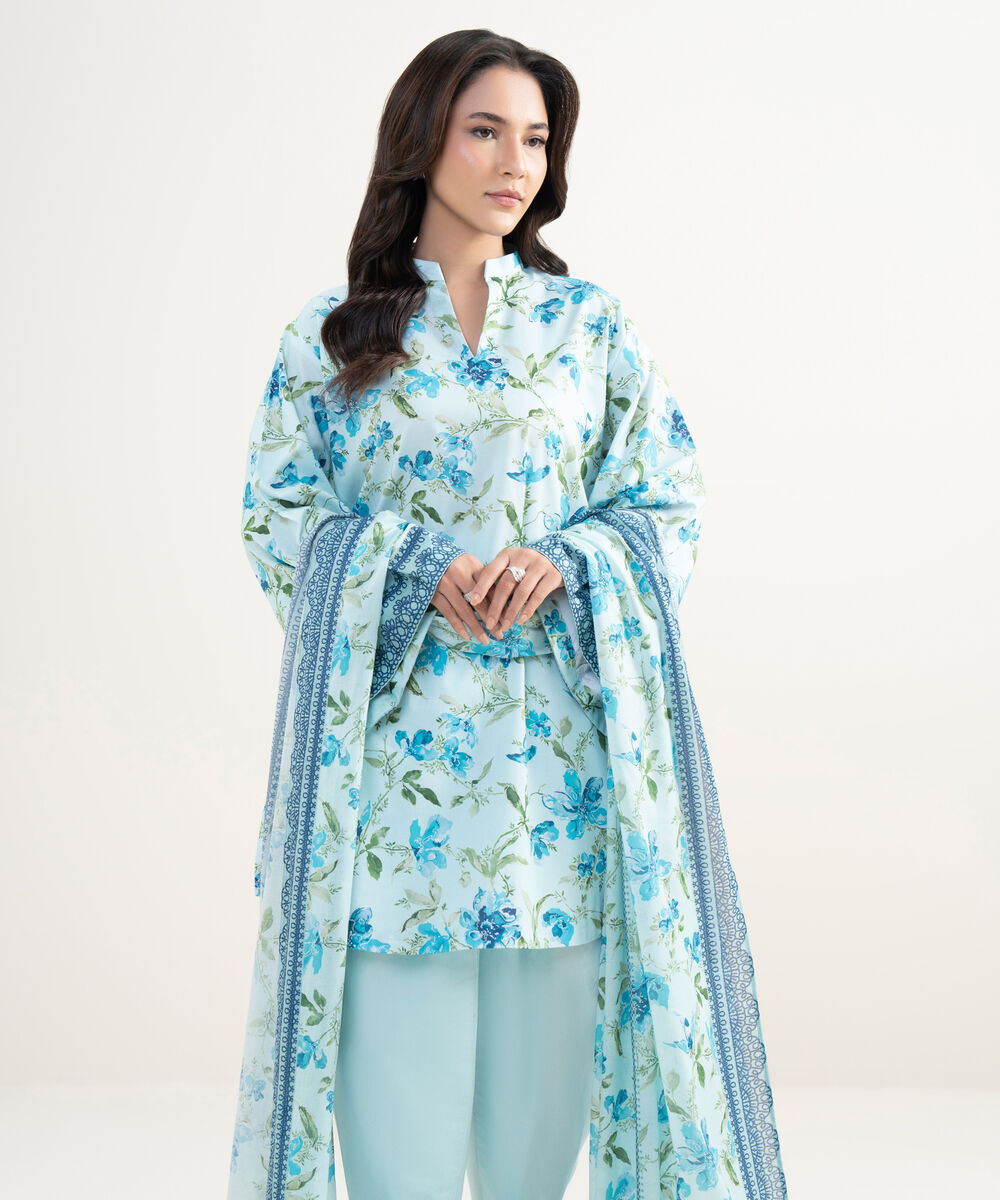 Women's Unstitched Lawn Printed Blue 3 Piece Suit