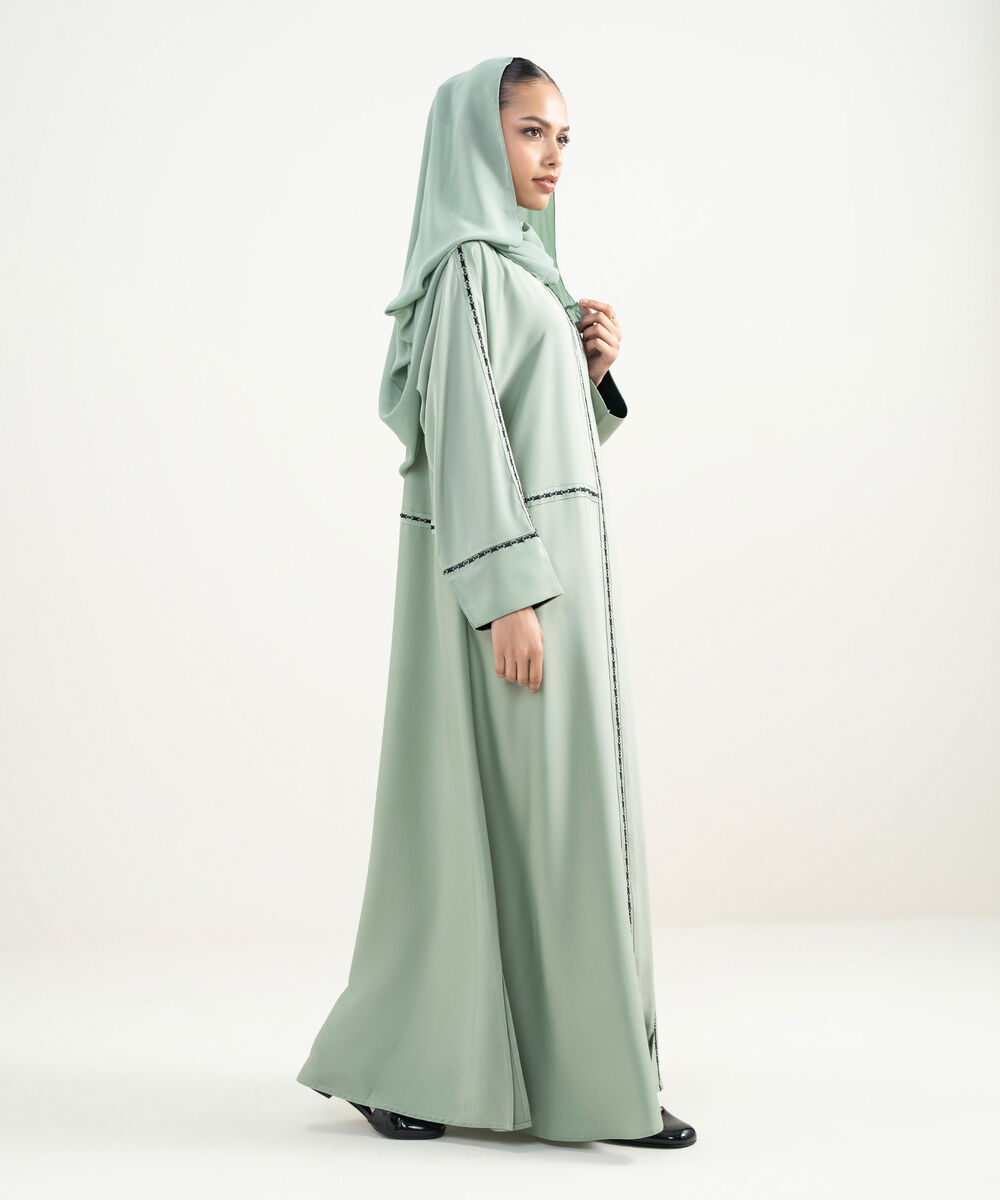 Women's Green Kimono Embroidered Abaya Set