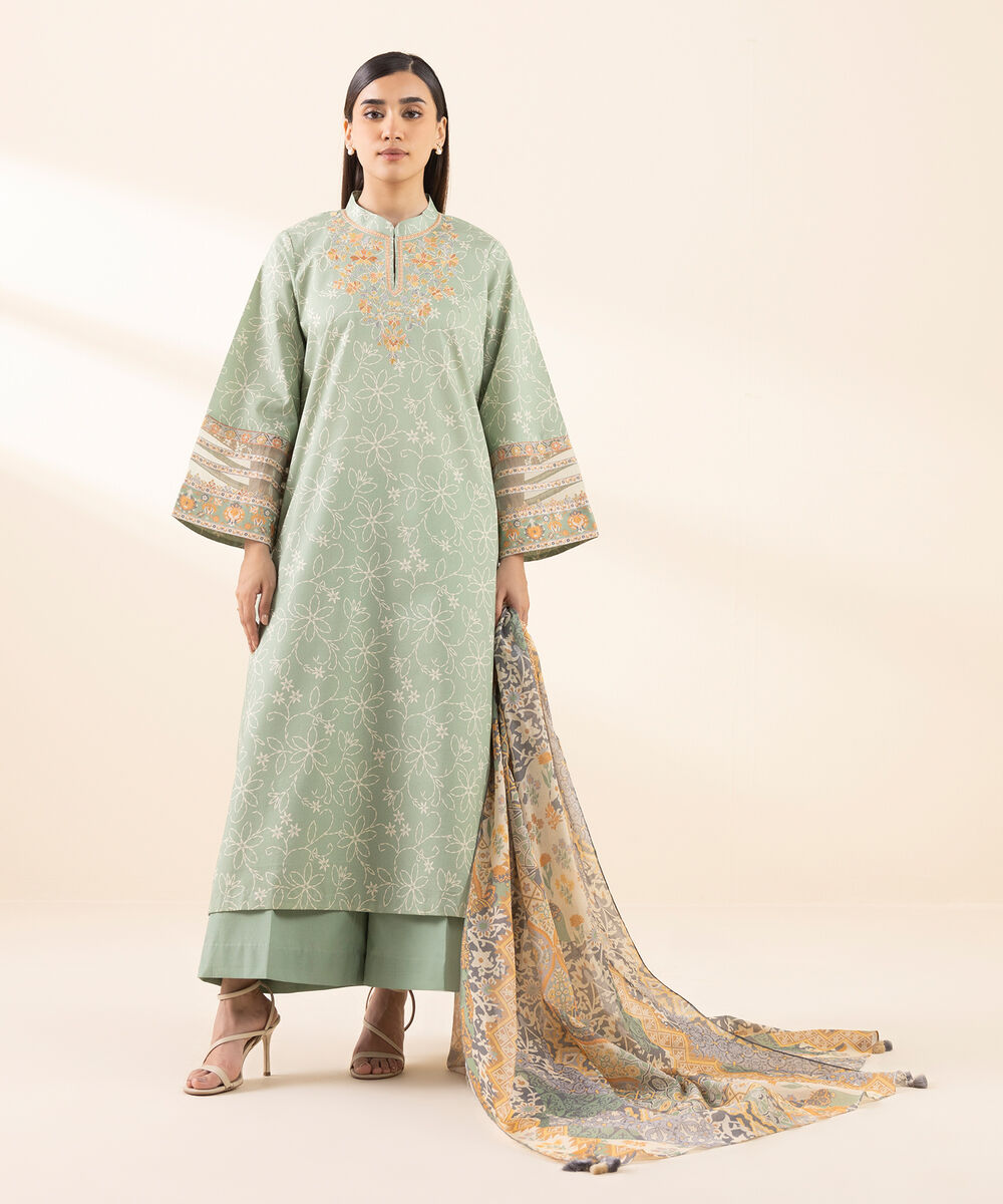 Women's Unstitched Lawn Embroidered Green 3 Piece Suit