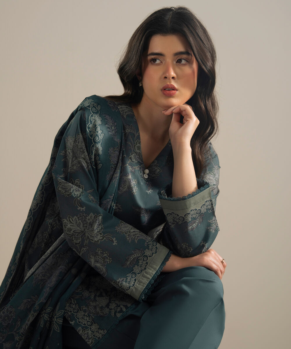 Women's RTW Cambric Printed Green 3 Piece Suit