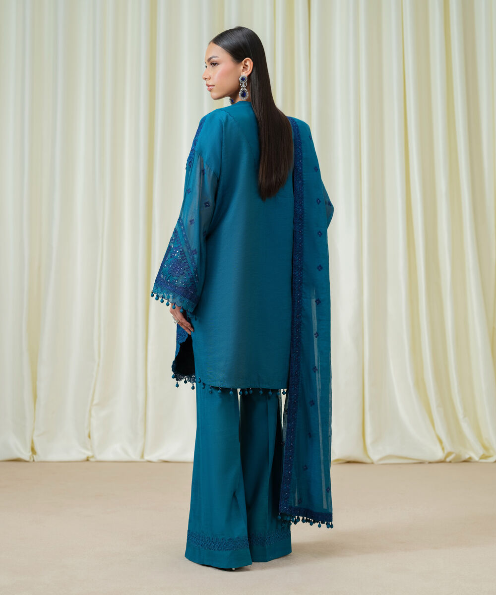 Women's Unstitched Blended Muslin Embroidered Blue 3 Piece Suit