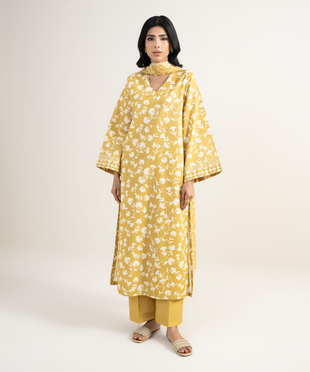 Women's Unstitched Lawn Orange Printed 3 Piece Suit