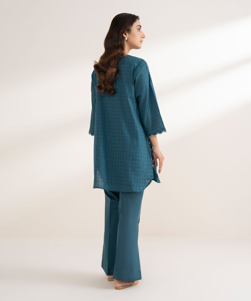 Women's RTW Textured Cotton Embroidered Straight Blue Shirt