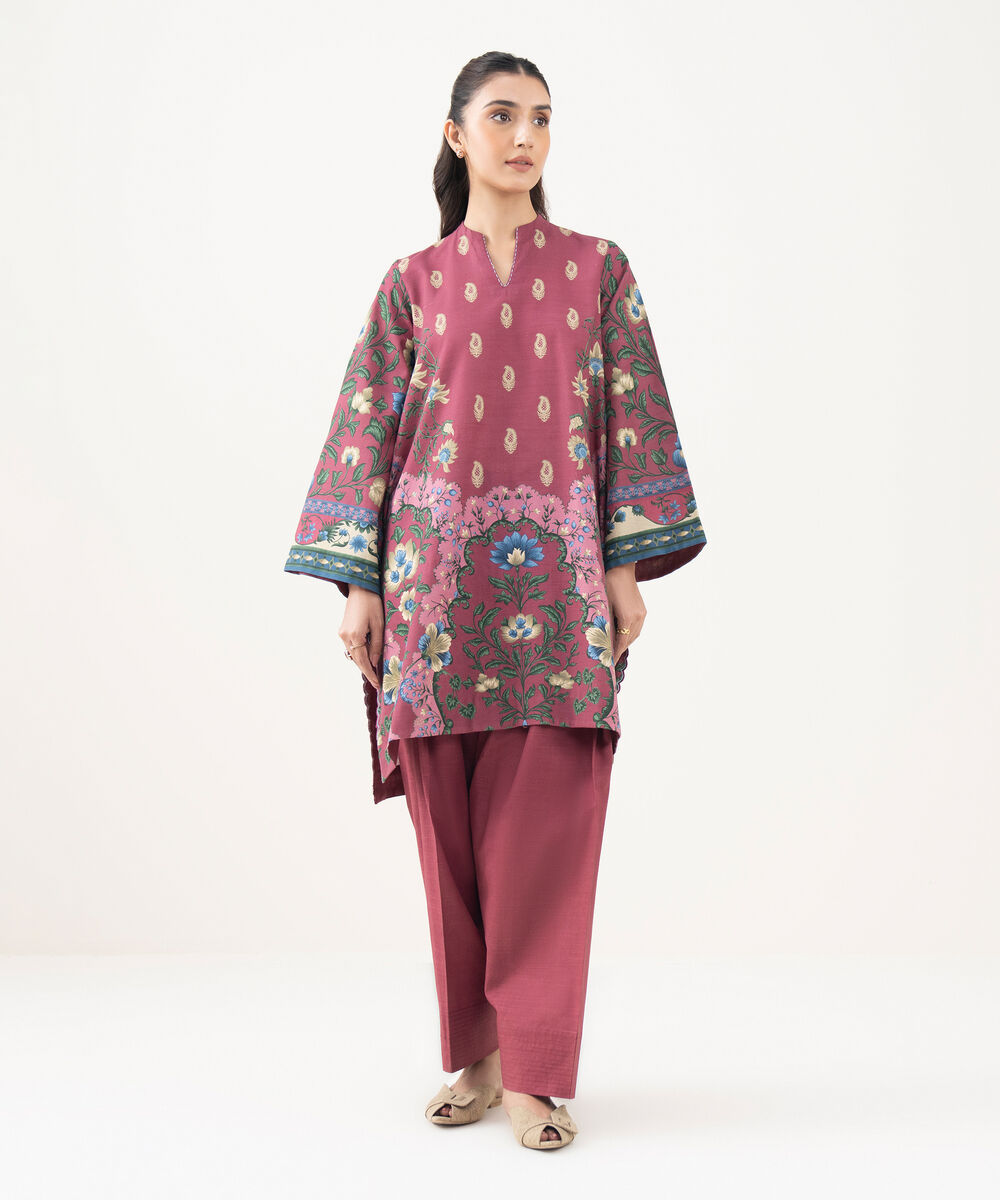 Women's Unstitched Light Khaddar Printed Pink 2 Piece Suit