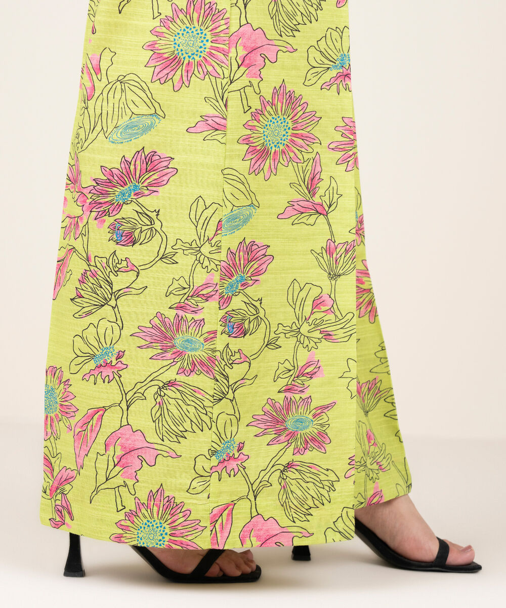 Women's RTW Khaddar Printed Lime Green Flared Pants