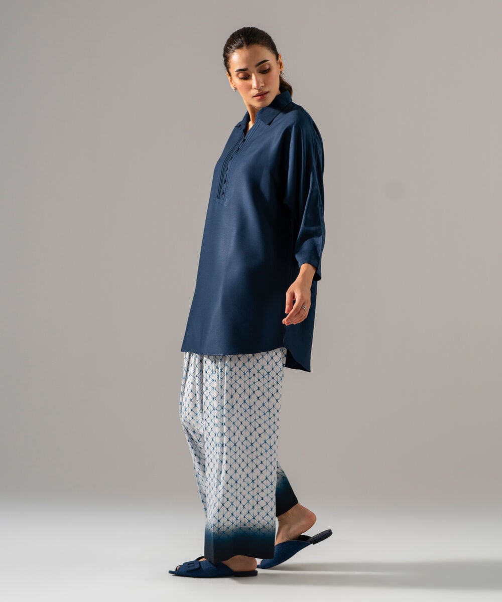 Women's RTW Bedford Solid Blue Drop Shoulder Shirt
