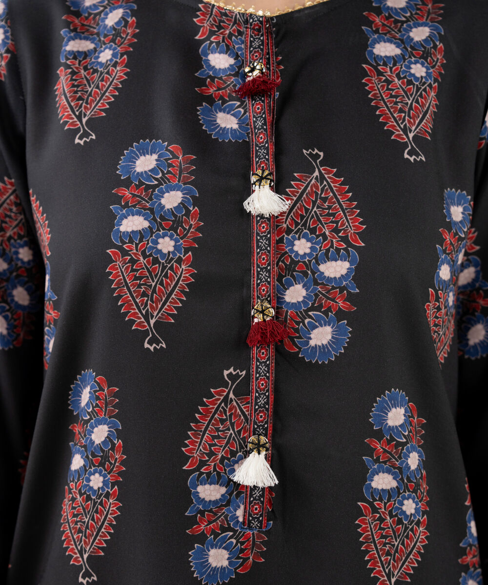 Women's RTW Viscose Linen Printed Straight Black Shirt