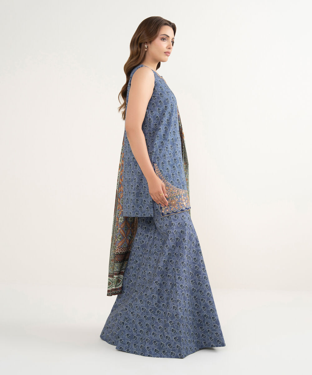 Women's Unstitched Lawn Embroidered Blue  3 Piece Suit