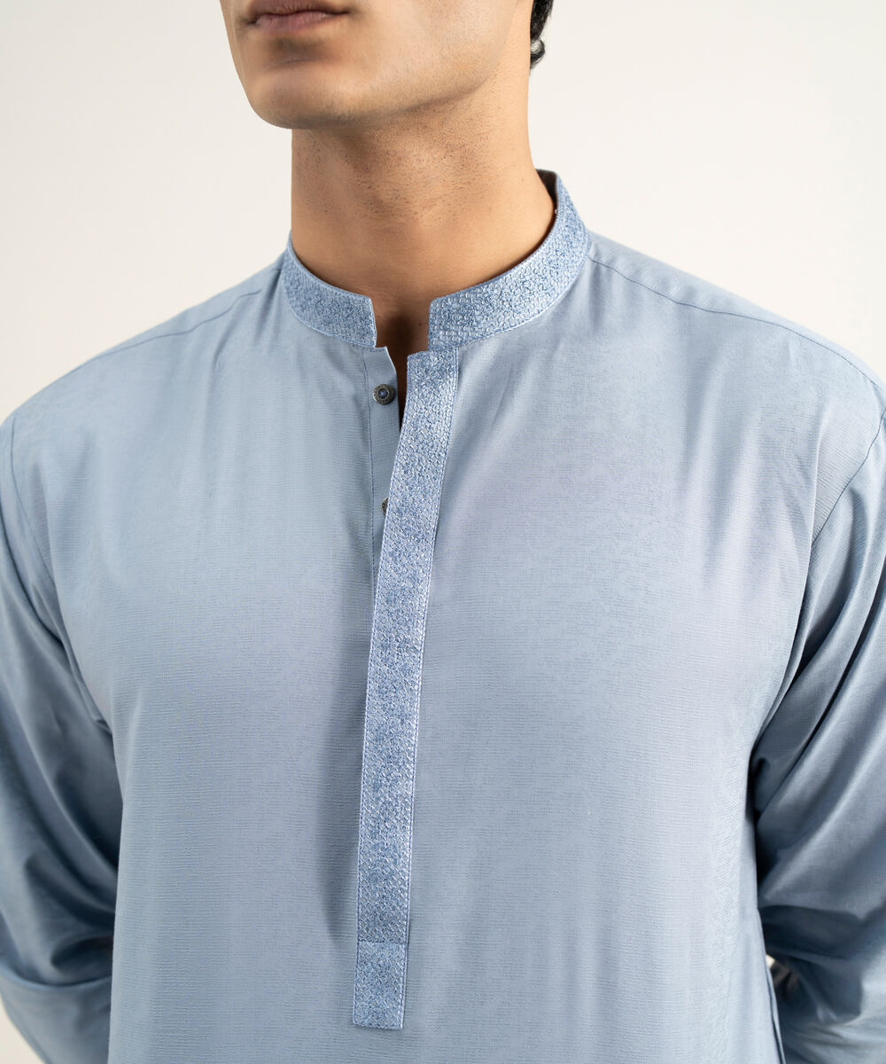 Men's Stitched Cotton Jacquard Grey Kurta