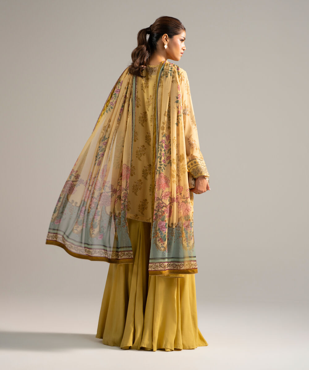 Women's RTW Chiffon Embroidered Yellow 3 Piece Suit