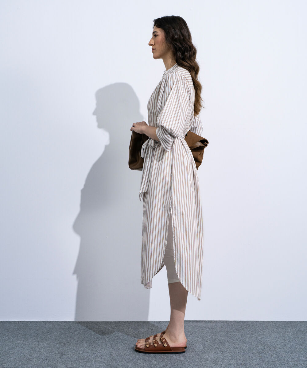 Women's Multi Striped Poplin Dress With Puffed Sleeves