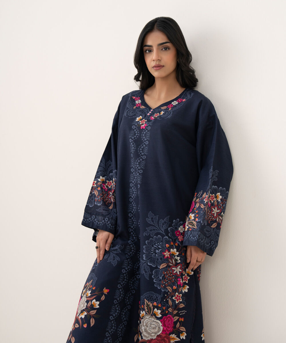 Women's RTW Khaddar Printed A-Line Blue Shirt