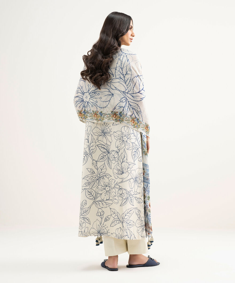 Women's Unstitched Lawn Embroidered Blue 3 Piece Suit