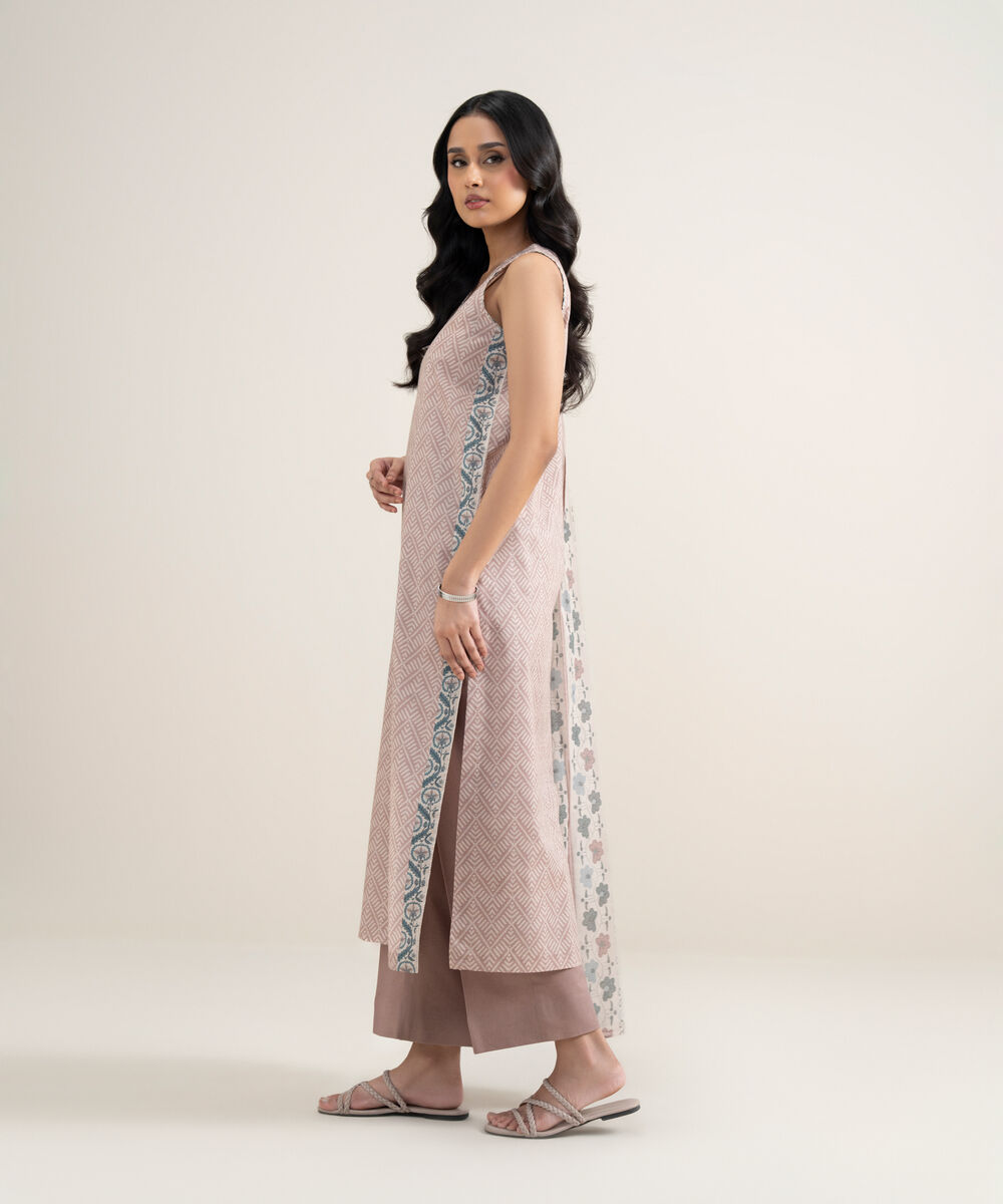 Women's Unstitched Lawn Printed Tea Pink and Off White 3 Piece Suit