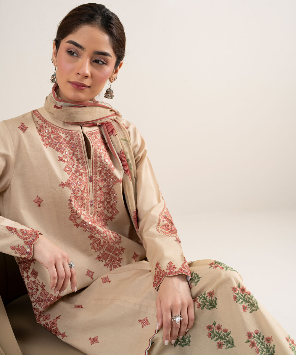 Women's Unstitched Textured Lawn Embroidered Beige 3 Piece Suit
