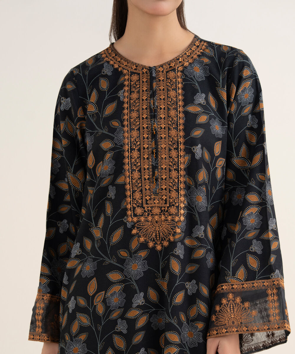 Women's RTW Cotton Embroidered Black A-Line Shirt