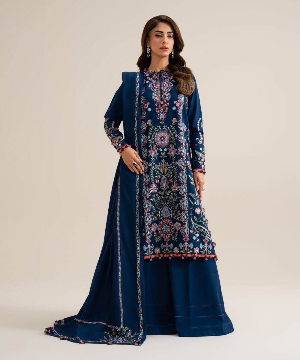 Womens Unstitched Basic Khaddar Embroidered Dark Blue 3 Piece Suit