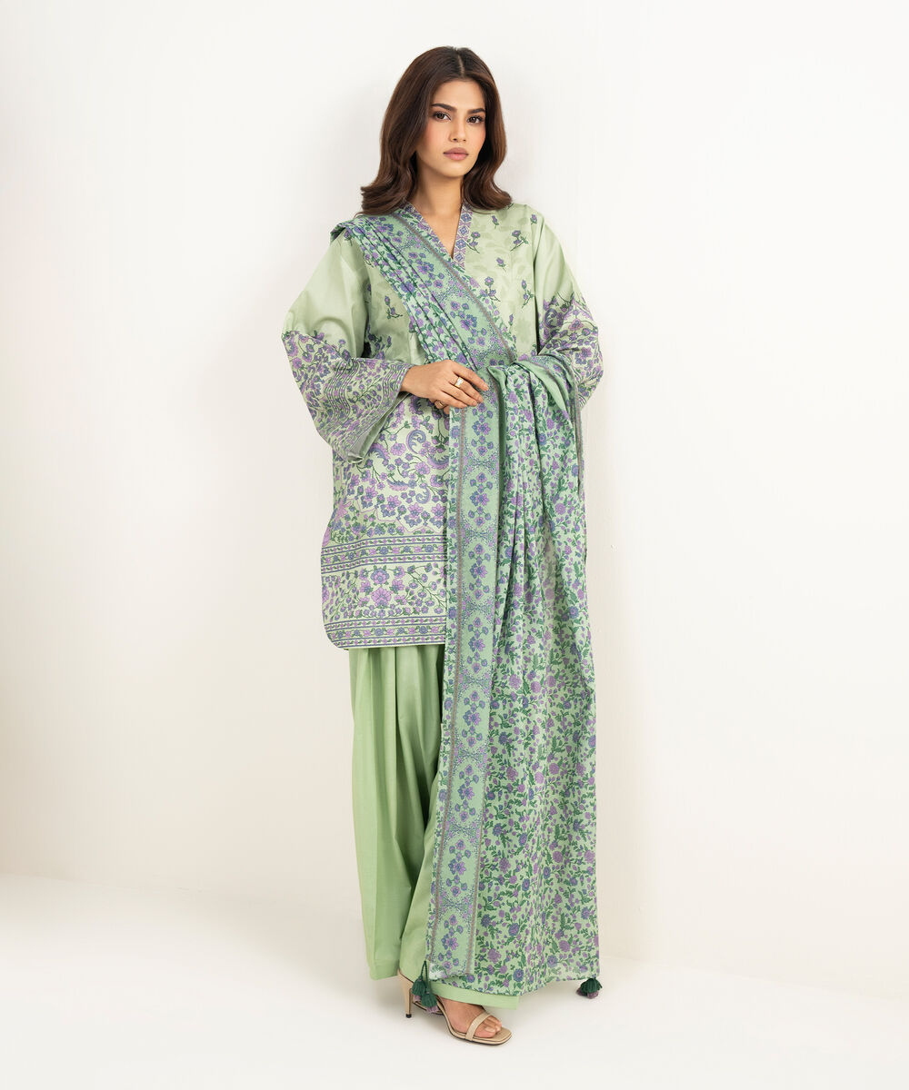 Women's Unstitched Zari Lawn Printed Green 3 Piece Suit