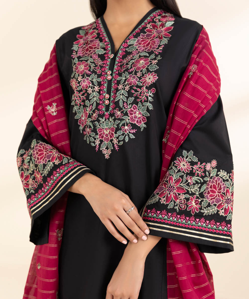 Woman - Black 3 Piece - Embroidered Cotton Suit
