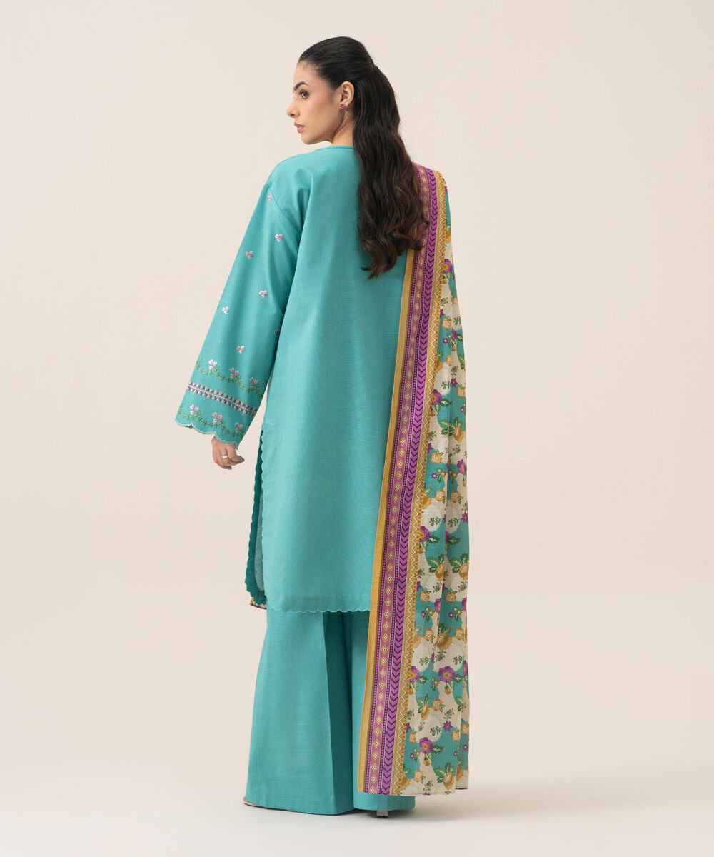Women's Unstitched Lawn Embroidered Turquoise 3 Piece Suit