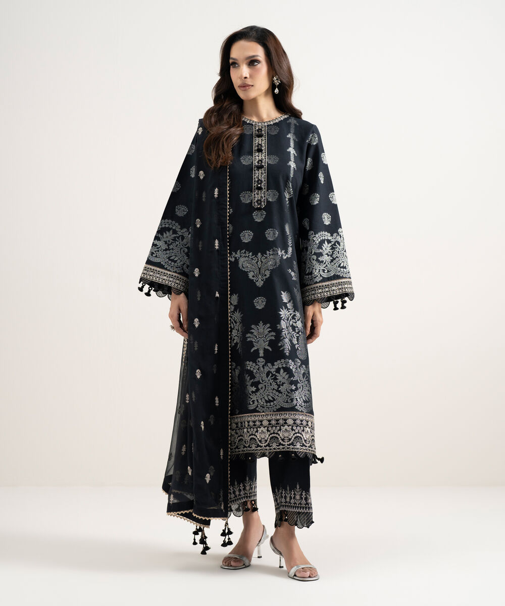 Women's Unstitched Extra Weft Jacquard Embroidered Black 3 Piece Suit