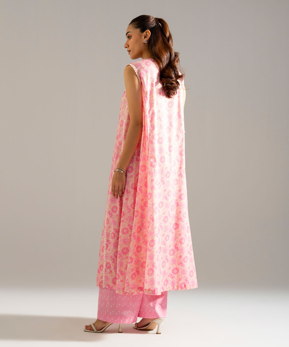 Women's RTW Slub Lawn Printed Pink A-Line Shirt