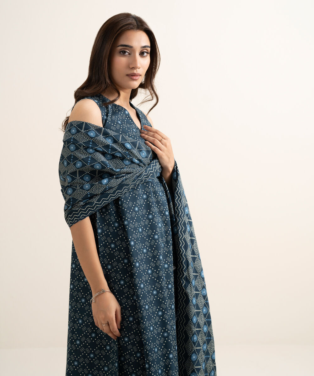 Women's Unstitched Lawn Printed Blue 3 Piece Suit