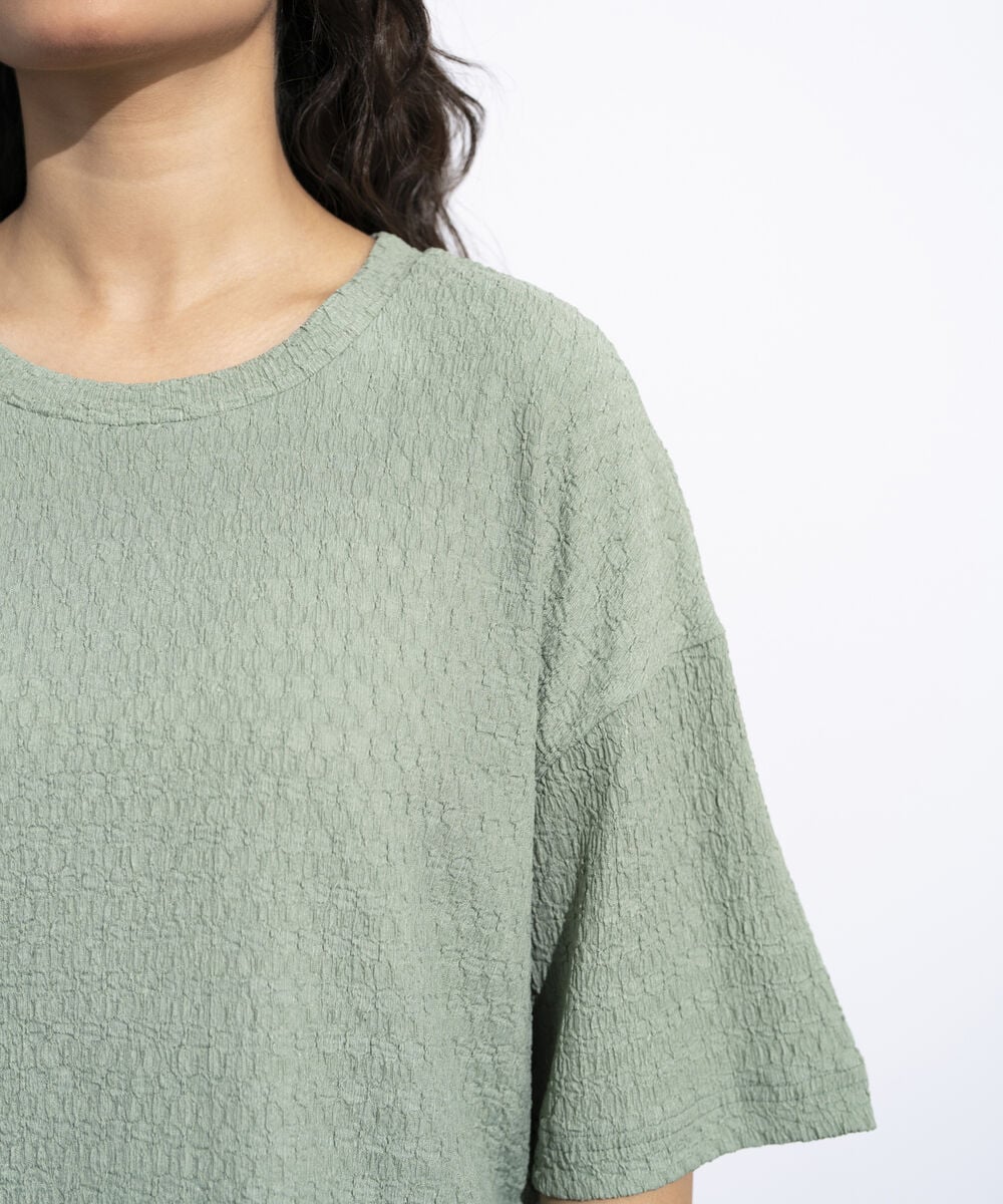 Women's Sage Green Short Body Textured T-Shirt