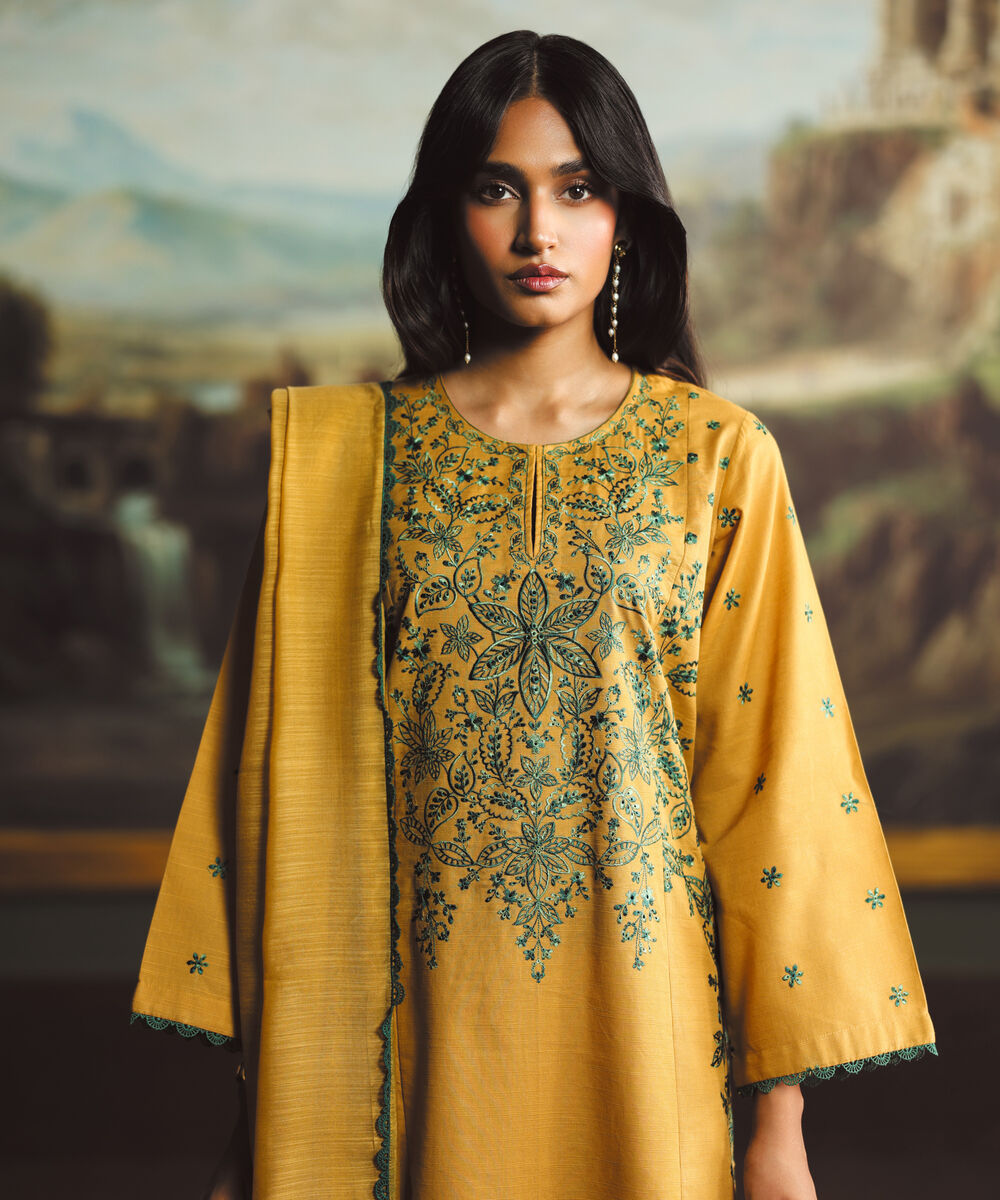 Women's RTW Light Khaddar Embroidered Yellow A-Line Shirt