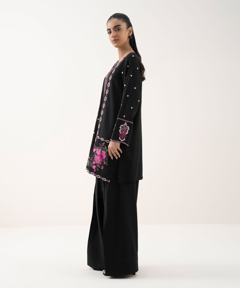 Women's RTW Cotton Viscose Black Embroidered Straight Shirt