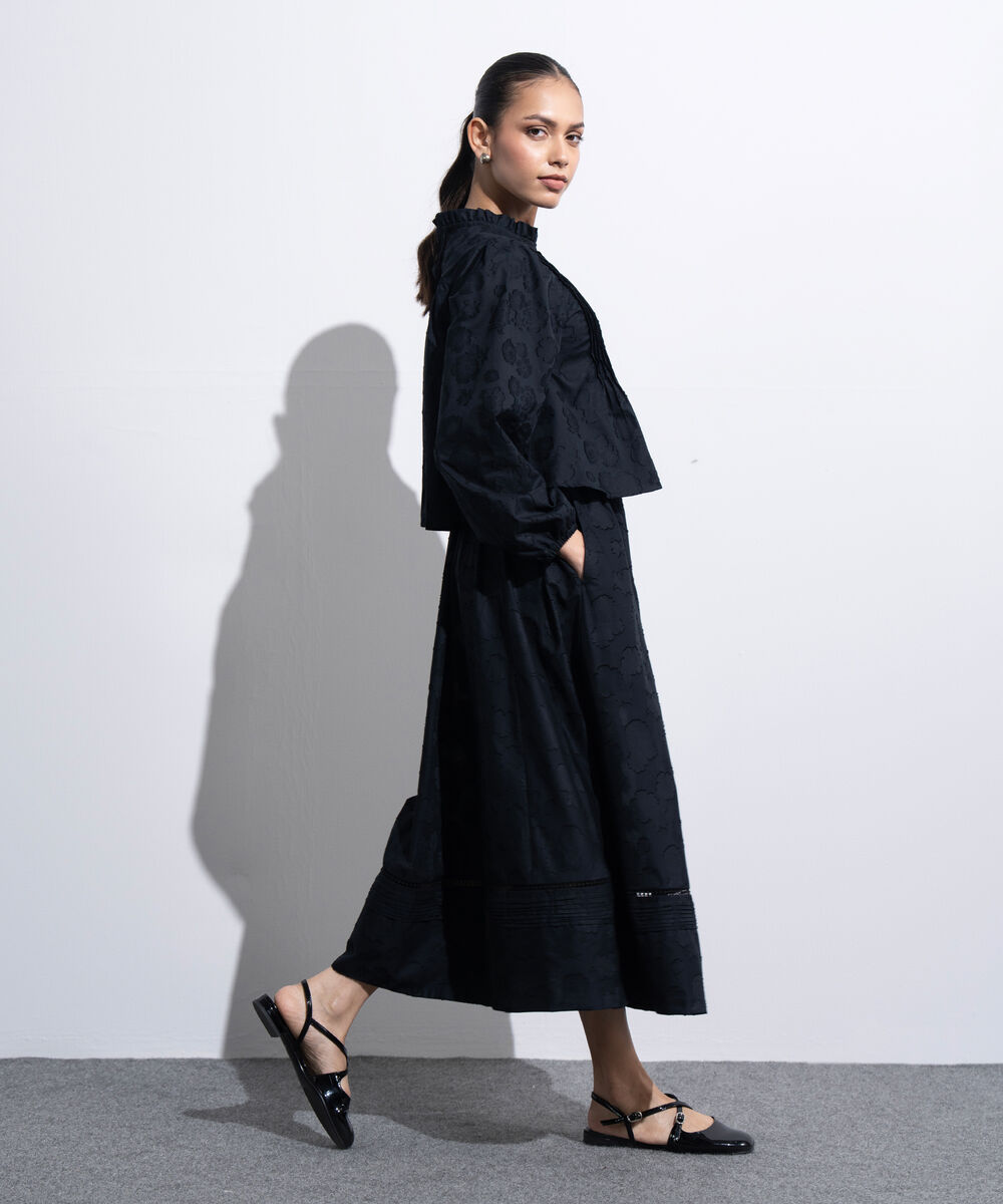 Women's Western Black Flared Skirt With Panels Details