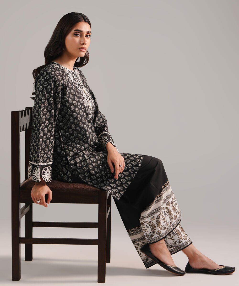 Women's RTW Lawn Embroidered Black Straight Shirt