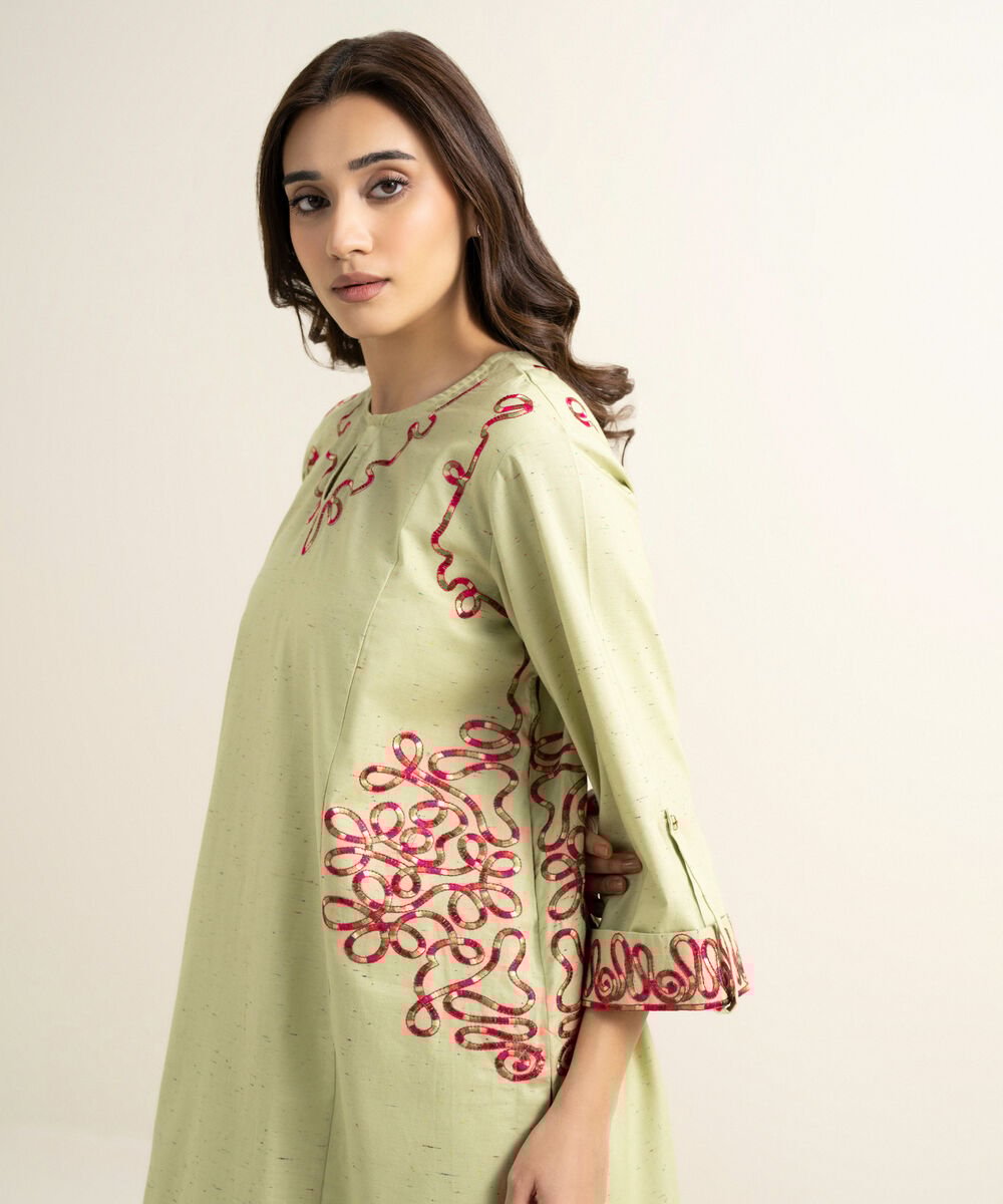 Women's RTW Multi Neps Embroidered Green Straight Shirt