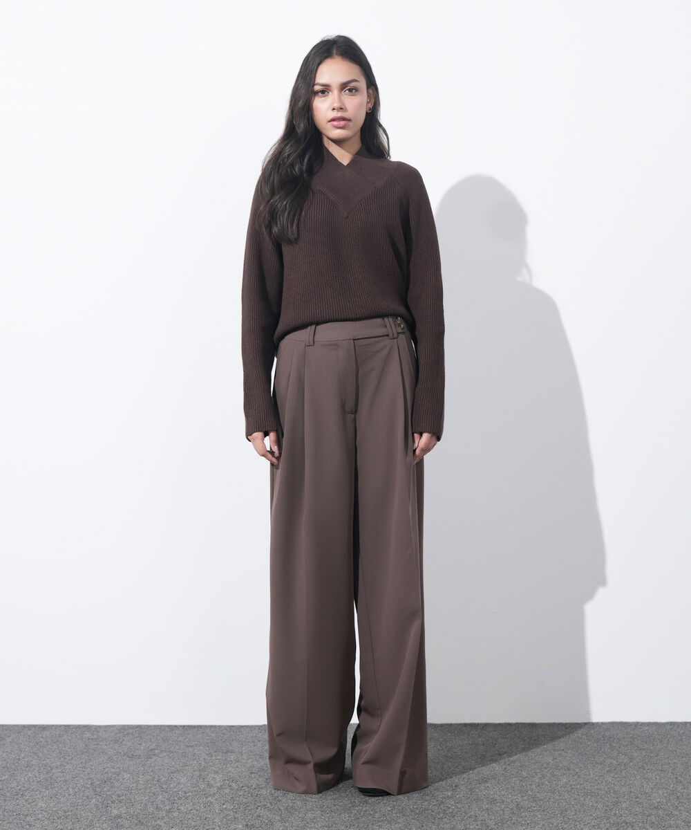 Women's Western Wear Brown Pleated Wide Leg Trousers