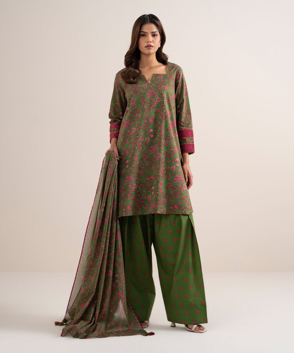 Women's Unstitched Lawn Printed Olive Green 3 Piece Suit