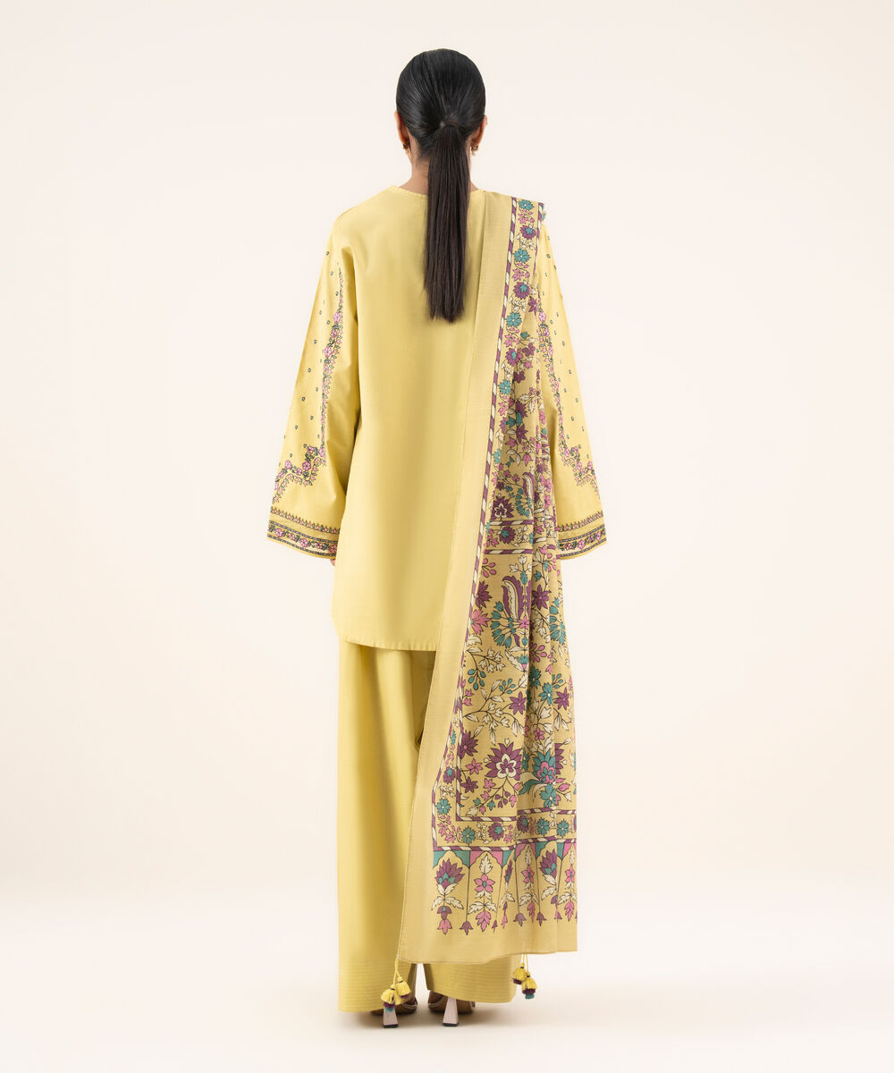 Women's Unstitched Textured Cotton Embroidered Yellow 2 Piece Suit
