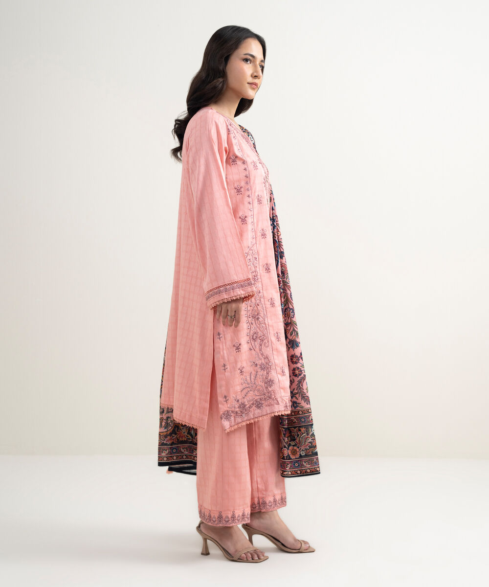Women's RTW Dobby Embroidered Pink 3 Piece Suit
